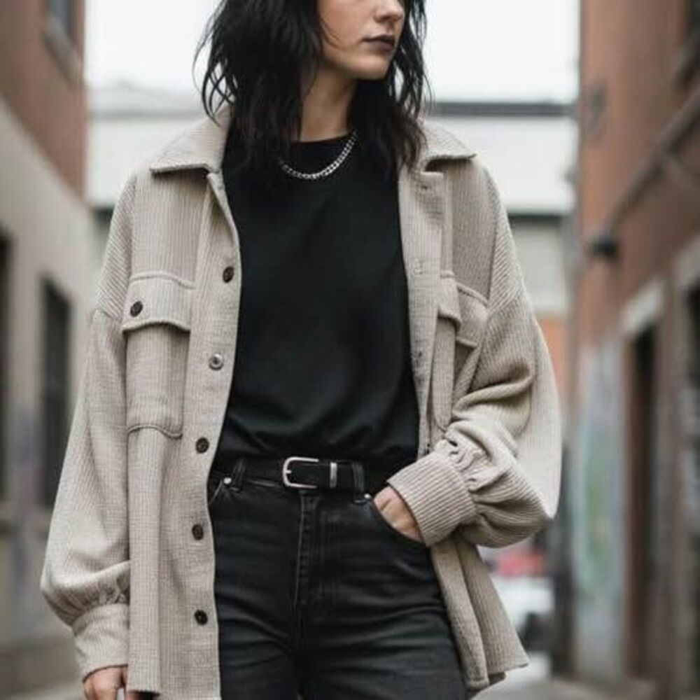 Easel size L oversized corduroy ruffle sleeve shacket